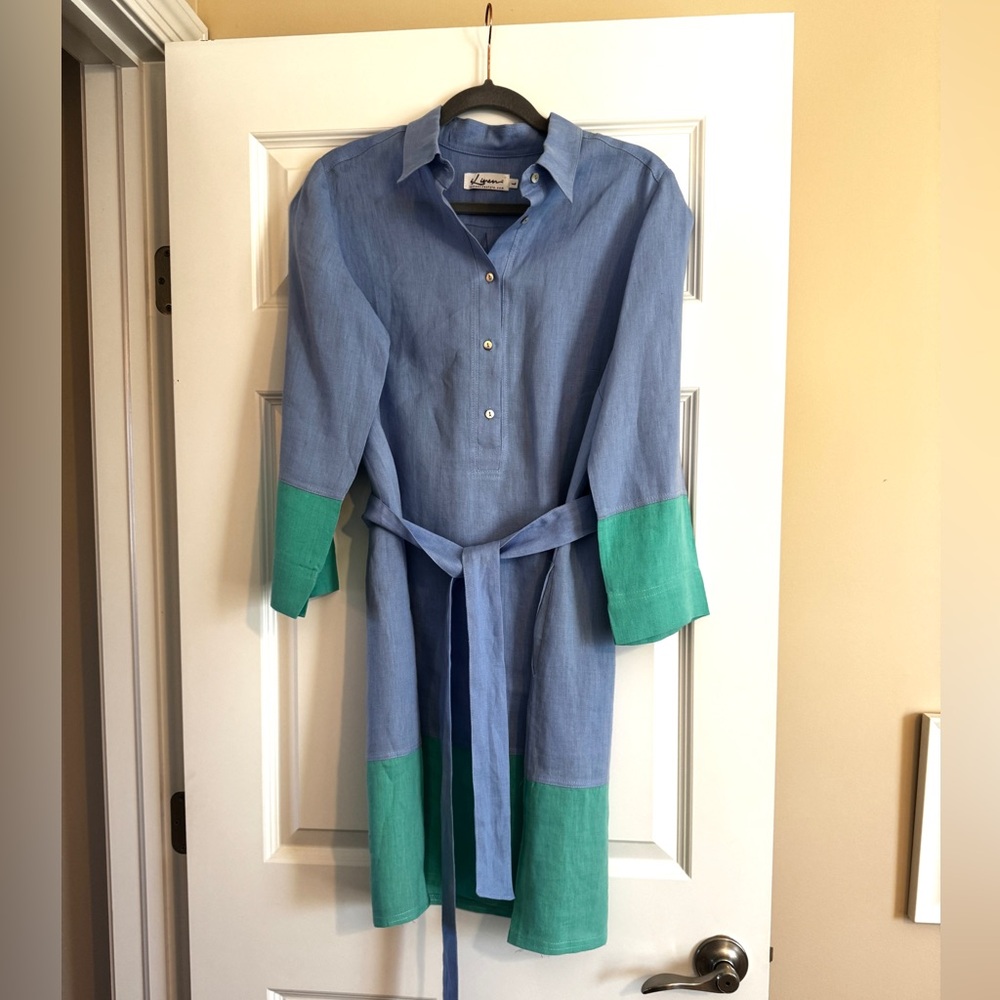 ILinen Boutique Light Blue Green Colorblock Linen Button-Front Dress L